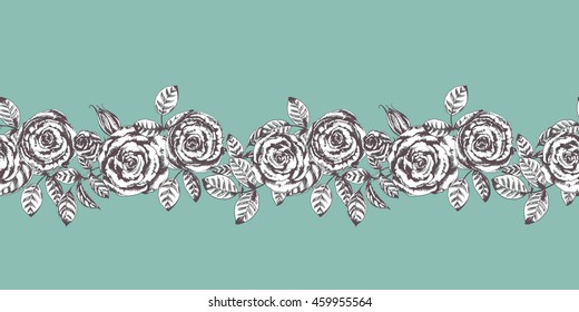 Vector floral seamless border with vintage roses. Ink drawn botanical illustration in retro style for herbal seamless design. For print, card, wedding, wrapping. Gray on green.