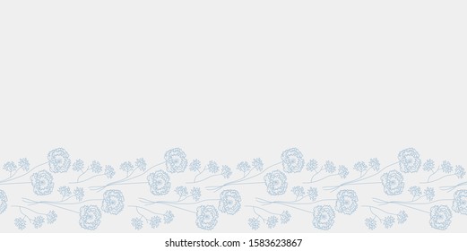 Vector floral seamless border in white and light blue. Simple delicate doodle peony flower with twig hand drawn made into repeat. Great for invitations, decor, packaging, ribbon, greeting cards, stati