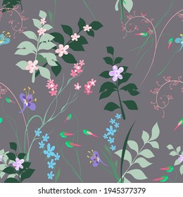 Vektor-Blütenmuster nahtlose Zweige-Muster, ein Strauß von dekorativen Wildblumen in Pastellfarben auf grauem Hintergrund für das Design von Textilien, Stoff, Packpapier, Tapete, Geschenkverpackung.