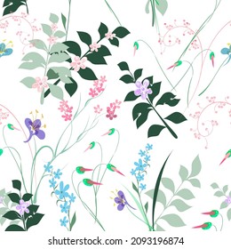 Vector floral seamless branch pattern, a bouquet of decorative wildflowers in pastel colors on a transparent background for the design of textile, fabric, wrapping paper, wallpaper, gift wrapping.