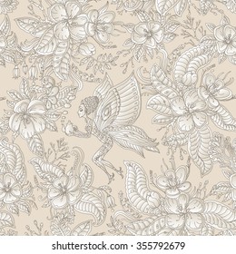 Vector floral seamless fairy pattern.Exotic flowers, leaves.Dark brown contour thin drawing on a light beige background.Fantastic butterfly woman silhouette with teapot, blooming garden. Batik paint