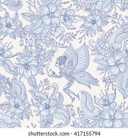 Vector floral seamless fairy pattern.Exotic flowers, leaves.Dark indigo blue contour thin drawing. Light beige background.Fantastic butterfly woman silhouette with teapot, blooming garden.Batik paint