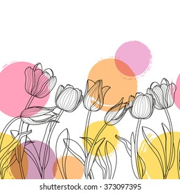 Vector floral seamless horizontal background. Black and white hand drawn tulip flowers and watercolor blots. Spring background for greeting cards, textile print, banners and decoration.