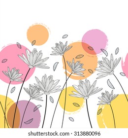 Vector floral seamless horizontal pattern. Black and white background with hand drawn lotus, lily flowers and colorful watercolor blots. Design for beauty salon, spa, flyer, invitation, banner design.
