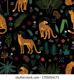 Vector floral seamless jungle cheetah pattern on black background.  