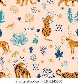 Vector floral seamless jungle cheetah pattern on sand background. Animal background.