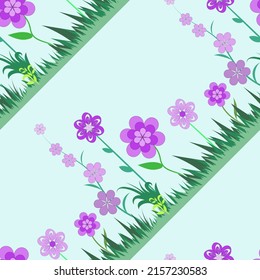 Vector floral seamless ornamental pattern diagonal orientation, drawing for children's wallpaper, decorative stylized flowers on green grass