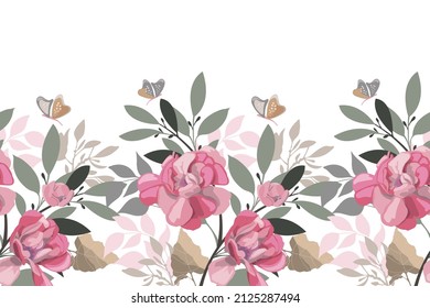 Vector floral seamless panoramic pattern. Pink flowers and butterflies on a white background.