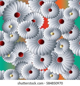 Vector floral seamless pattern.. 3d white chamomile flowers background wallpaper illustration. Abstract flowers. Surface modern texture.