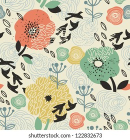 vector floral seamless pattern with abstract flowers and birds