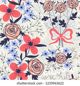 vector floral seamless pattern with abstract blooms and red bows