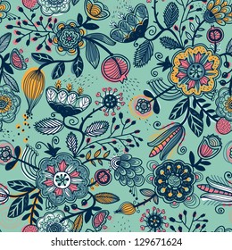 vector floral seamless pattern with abstract fruits and flowers