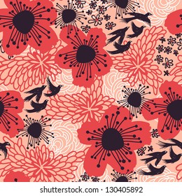 vector floral seamless pattern with abstract flowers and birds