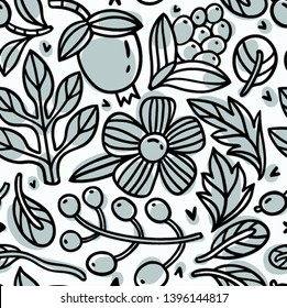 vector floral seamless pattern with abstract linear blooms and berries