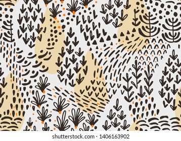 Vector floral seamless pattern with abstract flat doodle plants, flowers, trees, and grass. Nature background for textile, fabric, surface or wrapping.
