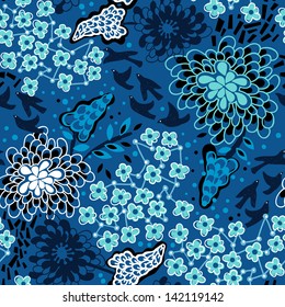 vector floral seamless pattern with abstract plants on a blue background