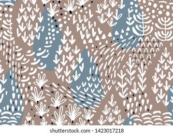 Vector floral seamless pattern with abstract flat botanical doodle elements such as plants, flowers, trees and grass. Nature background for textile, fabric, surface, wallpaper or wrapping.