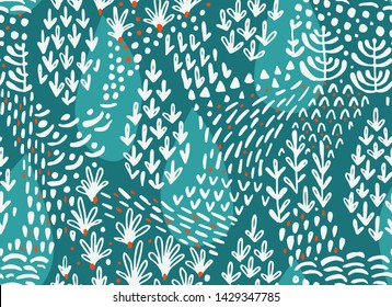 Vector floral seamless pattern with abstract flat botanical doodle elements such as plants, flowers, trees and grass. Nature background for textile, fabric, surface, wallpaper or wrapping.