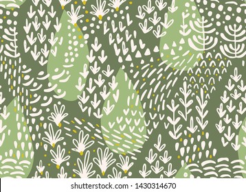 Vector floral seamless pattern with abstract flat botanical doodle elements such as plants, flowers, trees and grass. Nature background for textile, fabric, surface, wallpaper or wrapping.
