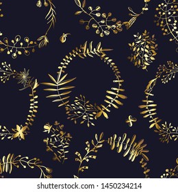 Vector floral seamless pattern with  abstract leaves, buds and branches elements on black background.Circle wreath. Vogue gold floral texture for textile, wrapping paper, print design, clothes.