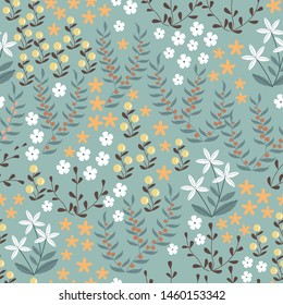 Vector floral seamless pattern with abstract flat doodle elements such as plants, flowers, berries and grass. Forest nature background for textile, fabric, surface, wallpaper or wrapping.