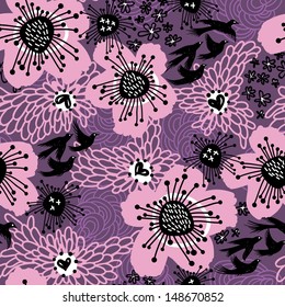 vector floral seamless pattern with abstract flowers on a violet background