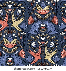 vector floral seamless pattern with abstract rabbits and swallows on a dark grey background