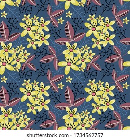 Patrón vector floral sin soldadura. Resumen de textura ornamenta con flores simples, hojas, ramas, elementos dibujados a mano. Fondo moderno de diseño Repetir diseño