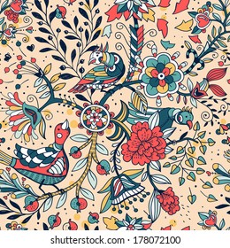 vector floral seamless pattern with abstract colorful birds and flowers