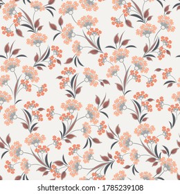 Vector floral seamless pattern. Abstract background with simple small orange flowers, leaves, branches. Liberty style wallpapers. Elegant ditsy texture. Repeat natural design for decor, fabric, prints