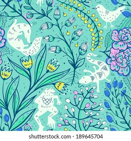 vector floral seamless pattern with abstract plants and animals