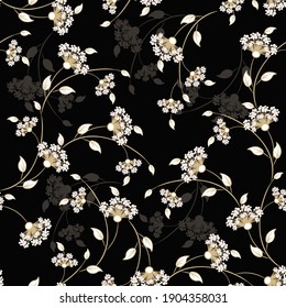 Vector floral seamless pattern. Abstract luxury background with small gold and white flowers on black, leaves, branches. Liberty style wallpapers. Elegant golden ditsy texture. Oriental ornament