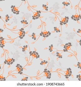 Vector floral seamless pattern. Abstract background with small tender flowers, leaves, branches. Liberty style wallpapers. Elegant ditsy texture. Gray and orange color. Asian style natural ornament