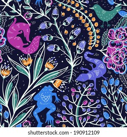 vector floral seamless pattern with abstract animals and plants