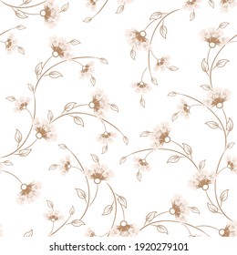 Vector floral seamless pattern. Abstract luxury background with small tender flowers, leaves, branches. Gold, white and light pink color. Liberty style wallpapers. Elegant golden ditsy texture design