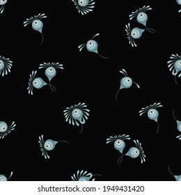 Vector floral seamless pattern with abstract fantasy flowers. Vintage floral texture. Ethnic folk style ornament. Elegant background in blue and black color. Repeat design for tileable print, fabric