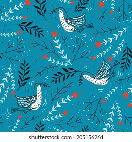 vector floral seamless pattern with abstract doves and flowers