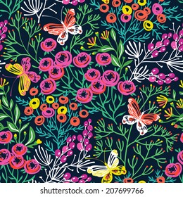 vector floral seamless pattern with abstract colorful butterflies and flowers