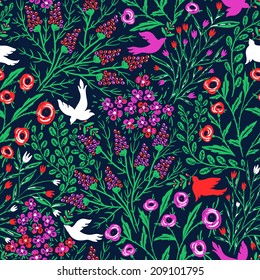 vector floral seamless pattern with abstract colorful birds and flowers