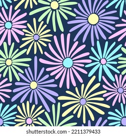 Vector floral seamless pattern with abstract daisies. Colorful flowers on dark background. Beautiful summer floral repeat background. For textiles, wrapping paper, gift paper, fabric.
