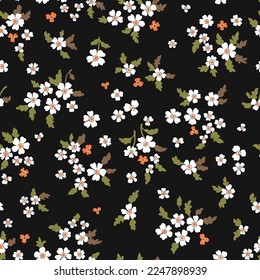 Vector floral seamless pattern. Abstract luxurious background with small orange and white flowers on a black background, leaves, branches. Liberty style wallpaper.