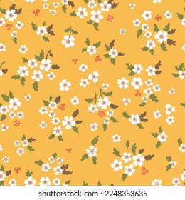 Vector floral seamless pattern. Abstract luxurious background with small orange and white flowers on a yellow-gold background, leaves, branches.