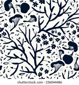 vector floral seamless pattern with abstract silhouette plants,flowers and mushrooms