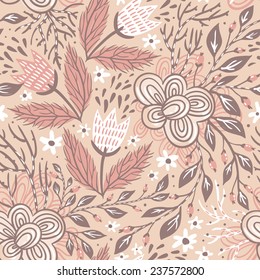 vector floral seamless pattern with abstract tulips and plants on a beige background