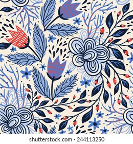 vector floral seamless pattern with abstract tulips and berries