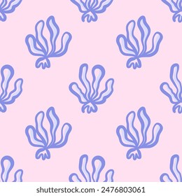 Vector floral seamless pattern. Abstract wavy blue flowers in hand drawn style. Retro vibe. Cottage core. 