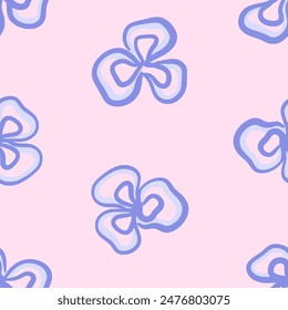 Vector floral seamless pattern. Abstract blue three petal flowers with leaves in hand drawn style. Retro vibe. Cottage core. 