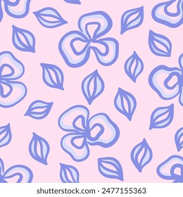 Vector floral seamless pattern. Abstract three petal blue flowers with leaves in hand drawn style. Retro vibe. Cottage core.