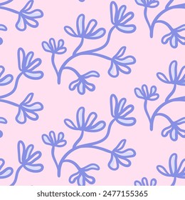 Vector floral seamless pattern. Abstract blue flowers on a stem in hand drawn style. Cottage core.