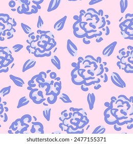 Vector floral seamless pattern. Abstract blue flowers with leaves in hand drawn style. Roses or peonies. Retro vibe. Cottage core. 